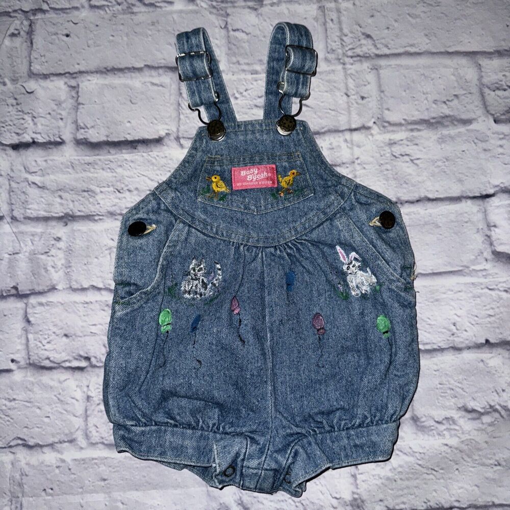 VTG Girls Oshkosh B’Gosh Vintage Denim Romper Hand Painted Easter Size 18m USA